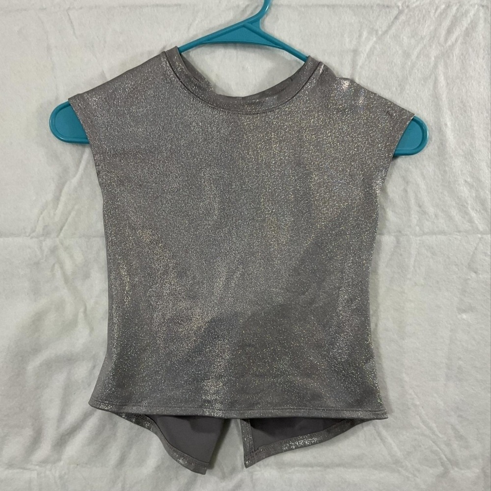 Target Tank Top Girls 7-8 Silver Metallic Open Back Tie Dance Sparkle Shirt